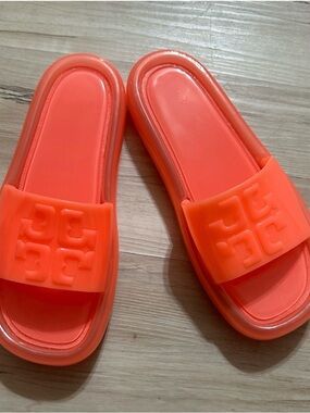 Tory Burch Coral Orange Logo Slide Sandals